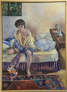 Anne Abrons (20th century) 
oil on canvas 
Large Interior with Woman on Bed holding flowers 
signed on verso 
66" X 48"