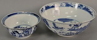 Two Chinese porcelain blue and white bowls with four character mark on bottom. 
(rim chips) 
largest: height 4 1/4 inches, di