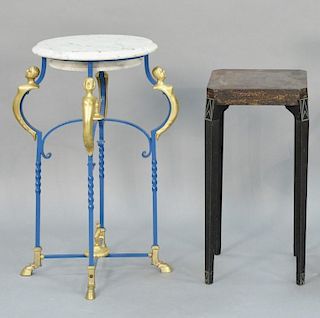 Two piece lot including marble top Neoclassical plant stand and diminutive deco style metal table. 
plant stand: height 29 1/