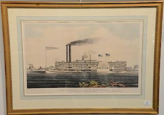 Nathaniel Currier  large folio hand colored lithograph "High Pressure Steamboat Mayflower"  Capt. Joseph Brown, First Class p