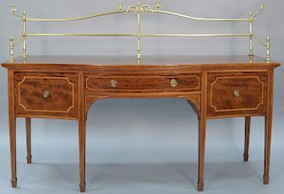 George III style sideboard having brass gallery rail with four candle holders, top with satinwood banded inlay over conformin