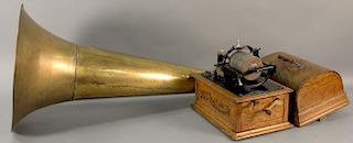 Thomas Edison concert phonograph 1898 cylinder, having oak case and long horn with stand, serial no. C3161. 
height 15 inches