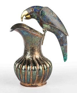 LOS CASTILLO TAXCO MID-CENTURY SILVER-PLATED SMALL PITCHER WITH FIGURAL BIRD / PARROT HANDLE