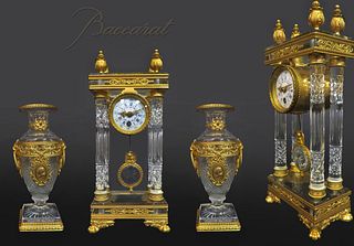 19th C. French Bronze & Baccarat Crystal Clock Set