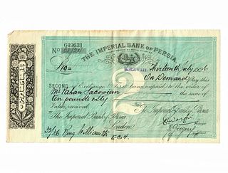 1926 The Imperial Bank Of Persia Second Of Exchange Bank Note Check