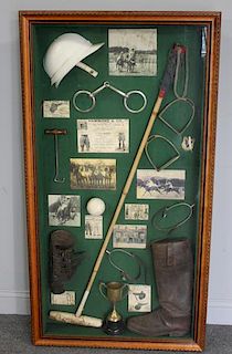Shadow Box of Assorted Equestrian Collectibles.