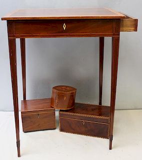 3 Antique Caddies and an Antique 1 Drawer Table.