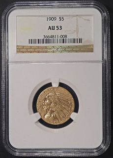1909 $5 GOLD INDIAN NGC AU-53