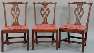 Set of three mahogany Chippendale side chairs having carved and cross thatched crest rail over
