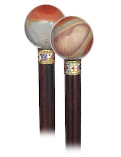 9. Hard Stone and Cloisonné Enamel Cane -Ca. 1900 -Plain jasper ball knob of an interesting cloudy structure and beautiful m