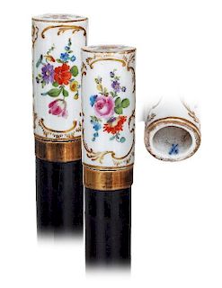 11. Meissen Porcelain Cane -Ca. 1880 -Cylindrical porcelain knob finely painted with two large panels of flower arrangements 