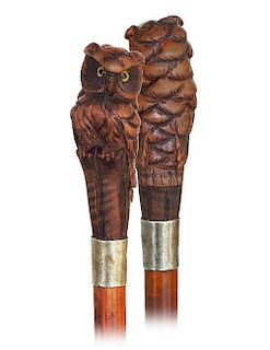 13. Owl Cane -Ca. 1900 -Very large pear wood handle carved to depict an owl perched atop of a wood stem, malacca shaft with a