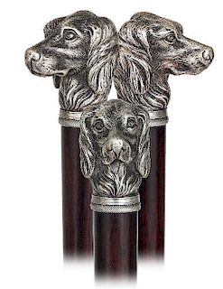 14. Silver Dog Head Cane -Ca. 1890 -Beautifully modeled, heavily cast and finely hand chased wire-haired dog head with a belt