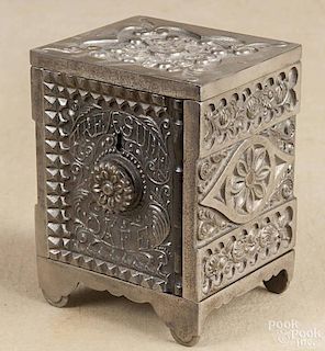 Nickel plated cast iron Treasure Safe bank, manufactured by J. & E. Stevens Co.