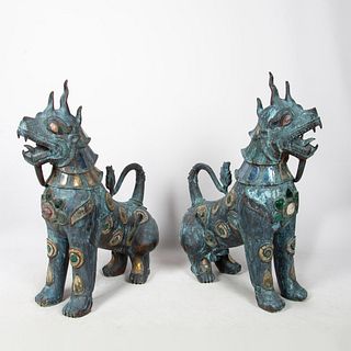 Pair of Large Antique Bronze Thai Foo Dogs