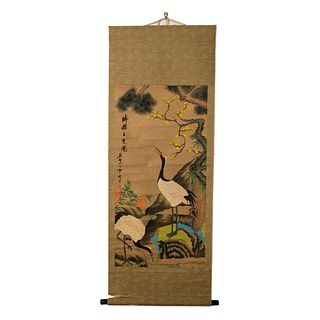 Japanese Scroll Painting, Red-Crowned Cranes Signed