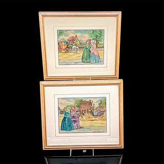 2pc Framed Godey's Fashions 1843 Embroidered Images