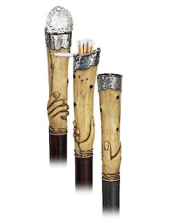 29. Silver and Bone Vesta Cane -Ca. 1880 -Vertical handle fashioned of a longer and stretching bone body carved in the shape 