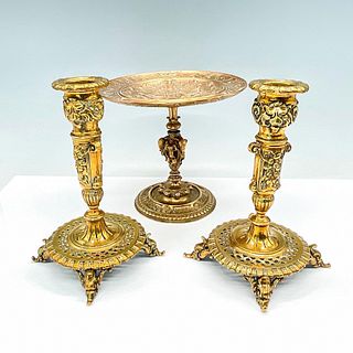 3pc Brass Pedestal Card Tray and Pair of Candlesticks