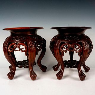 Pair of Ornate Oriental Carved Rosewood Five-Legged Stands