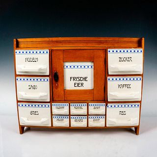 Vintage Wooden Spice Cabinet with 12 Ceramic Drawers