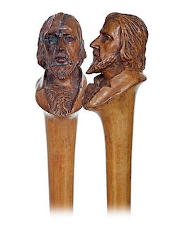 34. Portrait Folk Art Cane -Ca. 1880 -The cane is fashioned of a shaved boxwood branch with a naturally grown bulb carved to 
