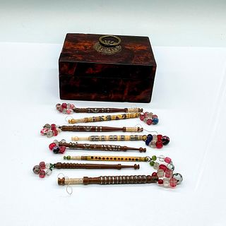 8pc Wooden and Beaded Bobbin Makers with Wooden Box