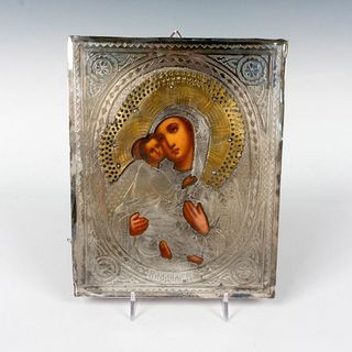 Russian Sterling Silver Icon, Mother Mary and Baby Jesus