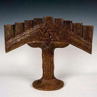 Vintage Israeli Hand Carved Wooden Menorah