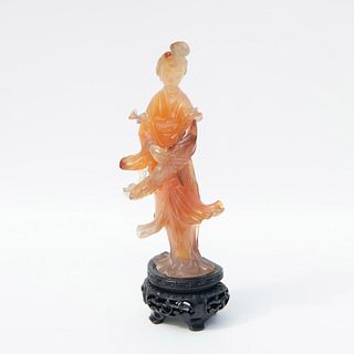 2pc Chinese Agate Guanyin Figurine with Base