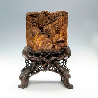 2pc Chinese Soapstone Carved Relief Panel with Stand