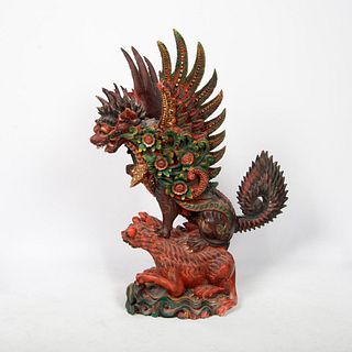 Large Antique Balinese Singha Carved Wooden Winged Dragon Sculpture