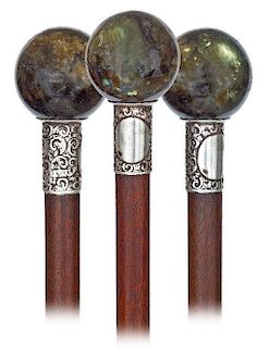 37. Hard Stone Dress Cane -Ca. 1890 -A sizeable labradorit ball knob and its beautiful silver collar with a blank cartouche w