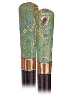 41. Hard Stone Indoor Cane -Ca. 1900 -Straight, stretching and tapering ruby matrix handle of a beautiful pale green color wi