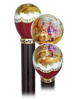43. Porcelain Indoor Cane -Ca. 1900 -Egg shaped porcelain knob finely painted on the widening top with a gallant scene in a g