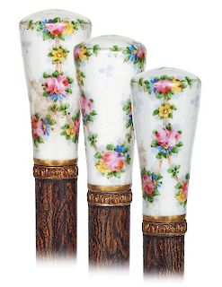 47. Porcelain Indoor Cane -Ca. 1890 -Stretching Milord Porcelain knob painted in pastel colors with three flower garlands han