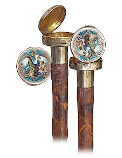 53. Dual Purpose Silver and Enamel Cane -Ca. 1900 -Circular silver knob with an integral grooved collar finely engraved and e