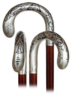 57. Tula Silver Dress Cane -Ca. 1900 -Sizeable and well-proportioned Tula silver crook handle decorated in the Art Nouveau ta