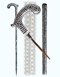 58. Rajasthan Dagger Cane -20th Century -All steel silver damascene cane with a substantially modified Derby shaped handle wh