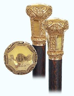59. Superior Gold American Presentation Cane -Dated 1886 -Mushroom shaped gold rolled knob with a stem fashioned in an octago