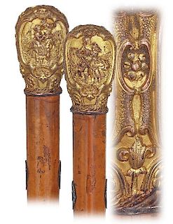 63. Early Noble Man’s Cane -Ca. 1780 -Large fire gilt bronze handle modeled in high relief and hand chased in finest detail