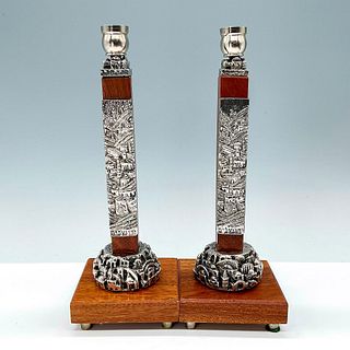 Pair of Sterling Clad Wooden Judaica Candle Holders