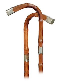 67. Bamboo Day Cane -Ca. 1900 -Fashioned of a single square bamboo shoot with an integral L-shaped handle embellished with wh
