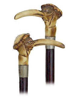 100. Stag horn Satirical Cane  -Ca. 1880 -A carved portrait stag horn handle of a man with a long nose out of proportions liv