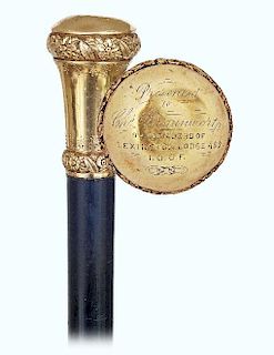104. Gold American Presentation Cane -Ca. 1860 -Gold rolled knob fashioned in an elegant pommel shape with a stretched and ta