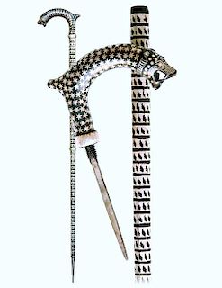108. Rajasthan Dagger Cane -20th Century -All steel silver damascene cane with a substantially modified Derby shaped handle e