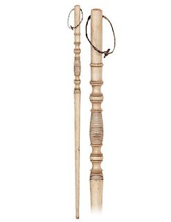 116. Marine Inspired Wood Cane -Ca. 1900 -Straight and single piece hard wood cane elaborately turned with an integral handle