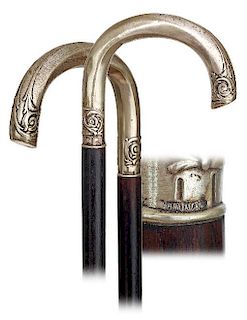 124. Dress Cane -Ca. 1910 -Well-proportioned white metal crook handle with a gently twisted and plain central part framed on