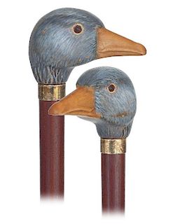127. Duck Head Cane -Ca. 1930 -Boxwood handle carved and naturalistically painted to depict a duck head with inset glass eyes