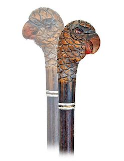 131. Parrot Head Dress Cane -19th Century -Well carved hardwood parrot head with glass eyes and remaining color highlight, gr